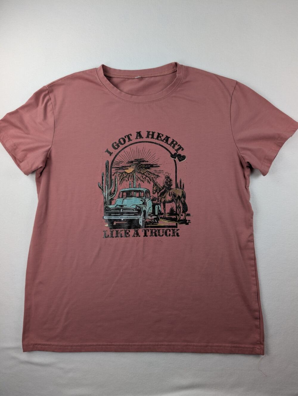 Western Heart Like a Truck Graphic Tee Large Dusty Rose Cowboy Horse